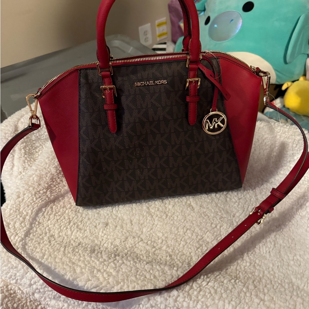 Michael Kors Red and Brown Satchel with Signature Monogram